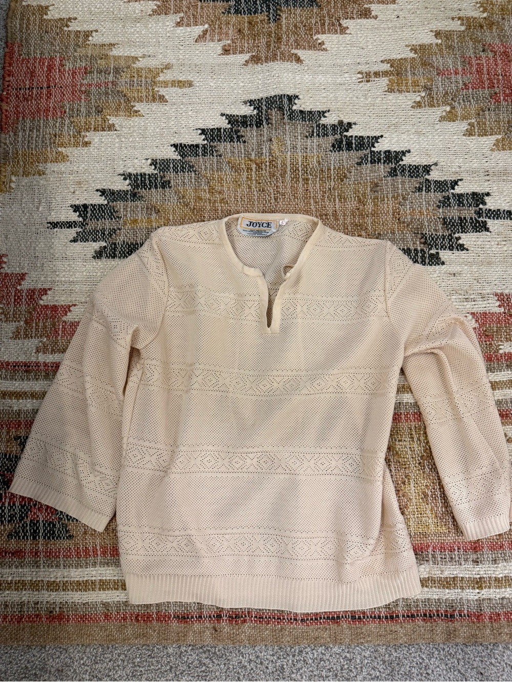 Vintage 70s JOYCE Cream Pointelle Open Knit Tie Neck Top L